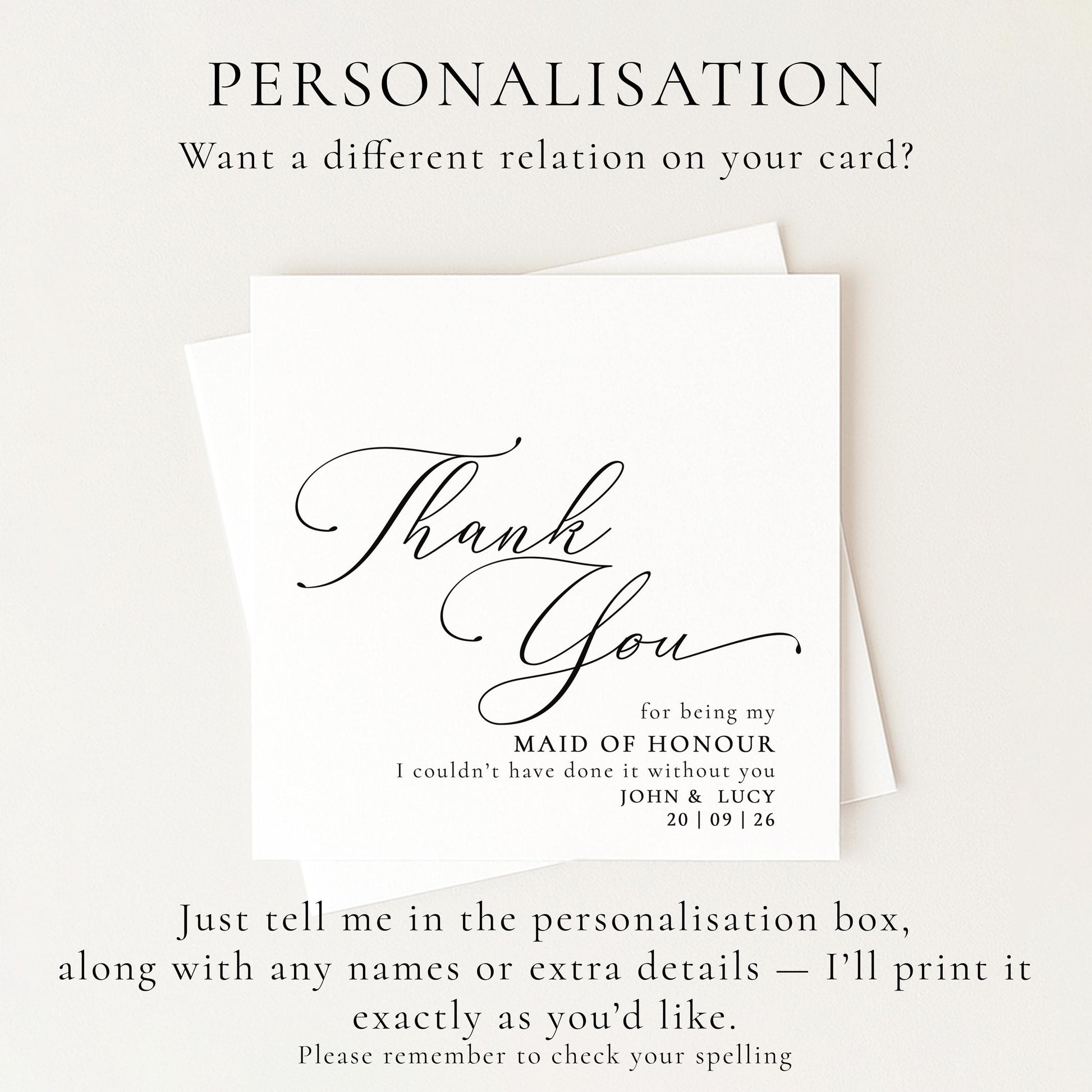 Maid Of Honour Thank You Card – Personalised Wedding Keepsake Card With Matte Finish