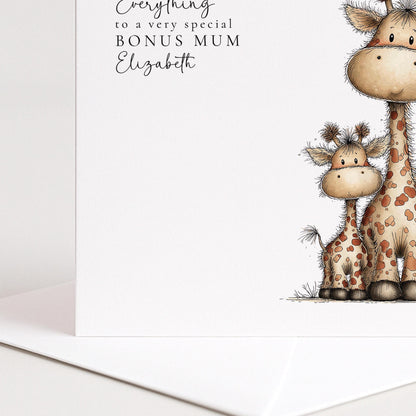 Mother’s Day Card Bonus Mum – Personalised Giraffe Illustration Appreciation Card