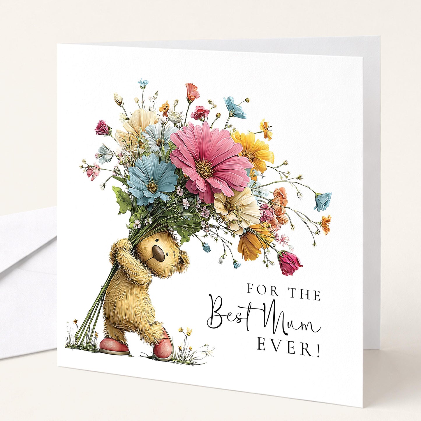 Mothers Day Card For Mum – Personalised Bear Bouquet Card With Floral Design