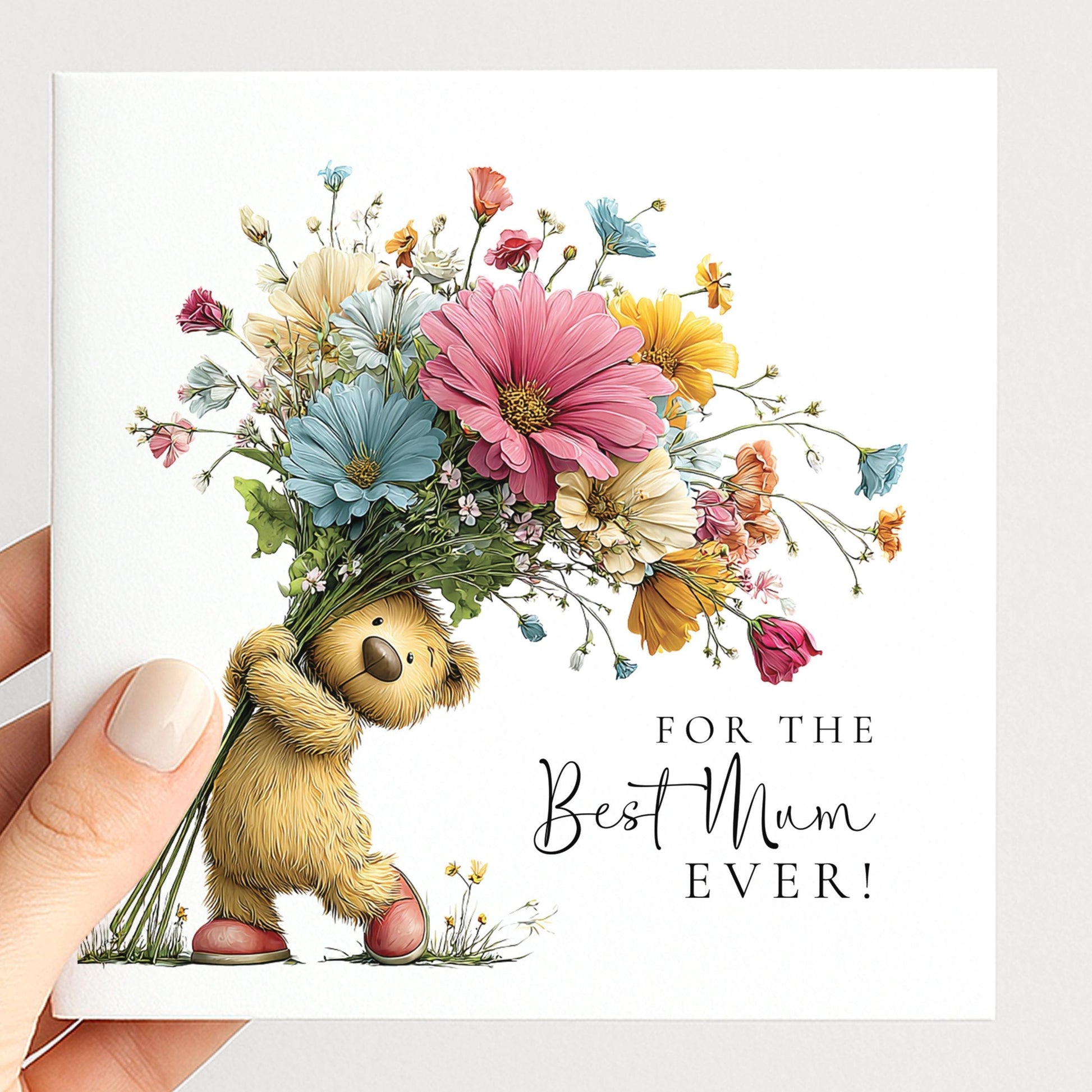 Mothers Day Card For Mum – Personalised Bear Bouquet Card With Floral Design