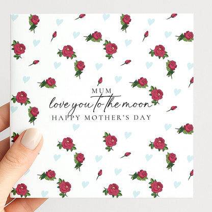 Mother's Day Card – Love You to the Moon Floral Greeting Card for Mum Gift
