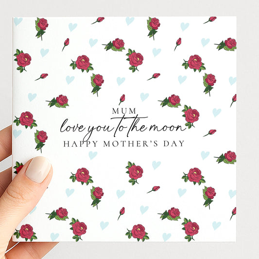 Mother's Day Card – Love You to the Moon Floral Greeting Card for Mum Gift