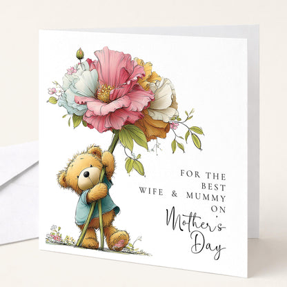 Mothers Day Card - Personalised Wife And Mummy Card With Teddy Bear Design