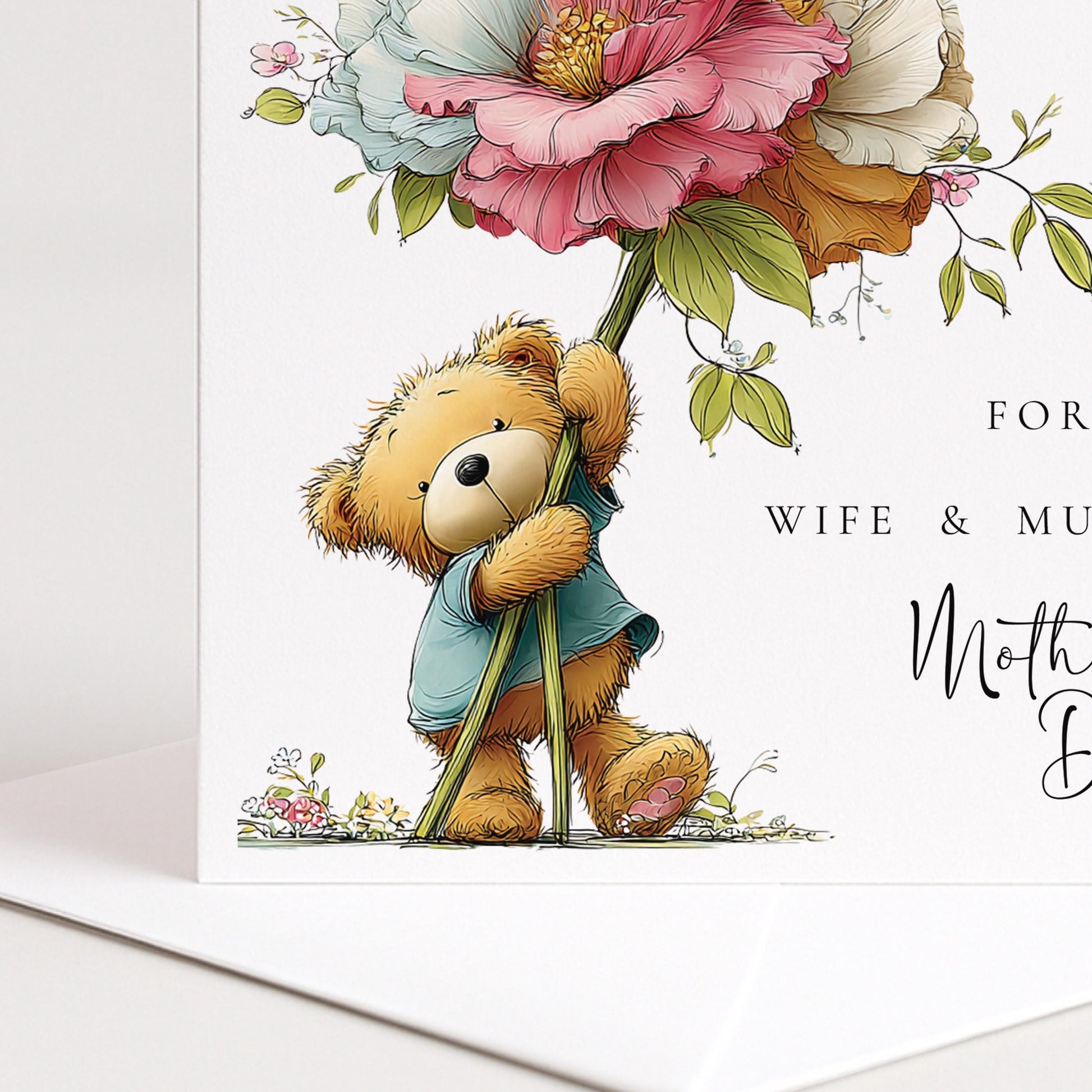 Mothers Day Card - Personalised Wife And Mummy Card With Teddy Bear Design