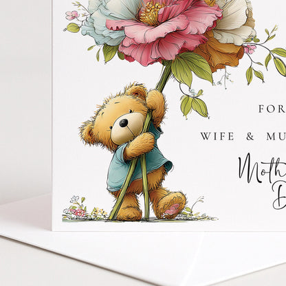Mothers Day Card - Personalised Wife And Mummy Card With Teddy Bear Design
