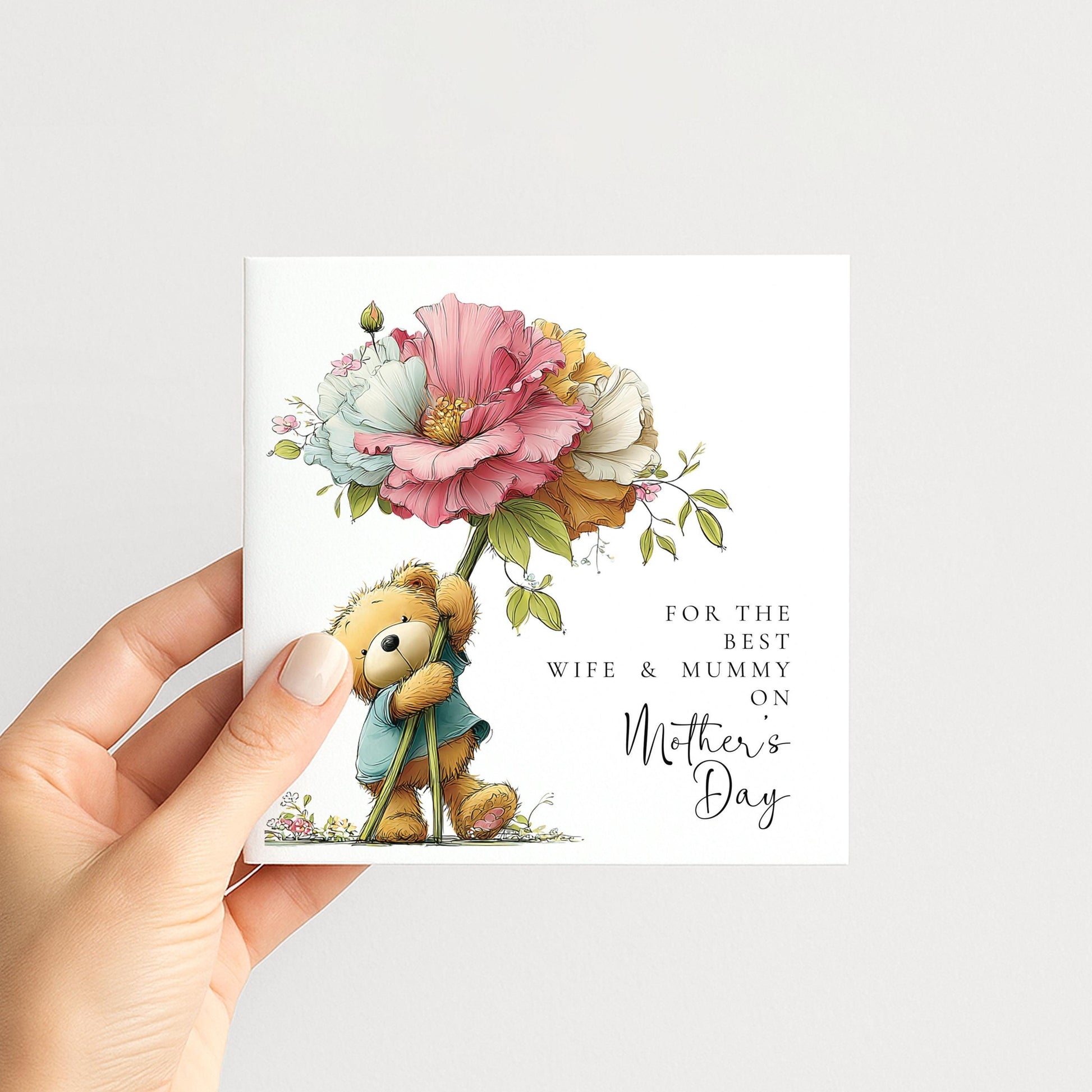 Mothers Day Card - Personalised Wife And Mummy Card With Teddy Bear Design