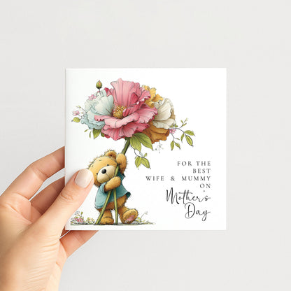 Mothers Day Card - Personalised Wife And Mummy Card With Teddy Bear Design