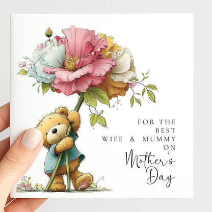 Mothers Day Card - Personalised Wife And Mummy Card With Teddy Bear Design