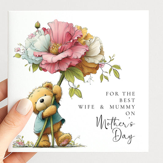 Mothers Day Card - Personalised Wife And Mummy Card With Teddy Bear Design