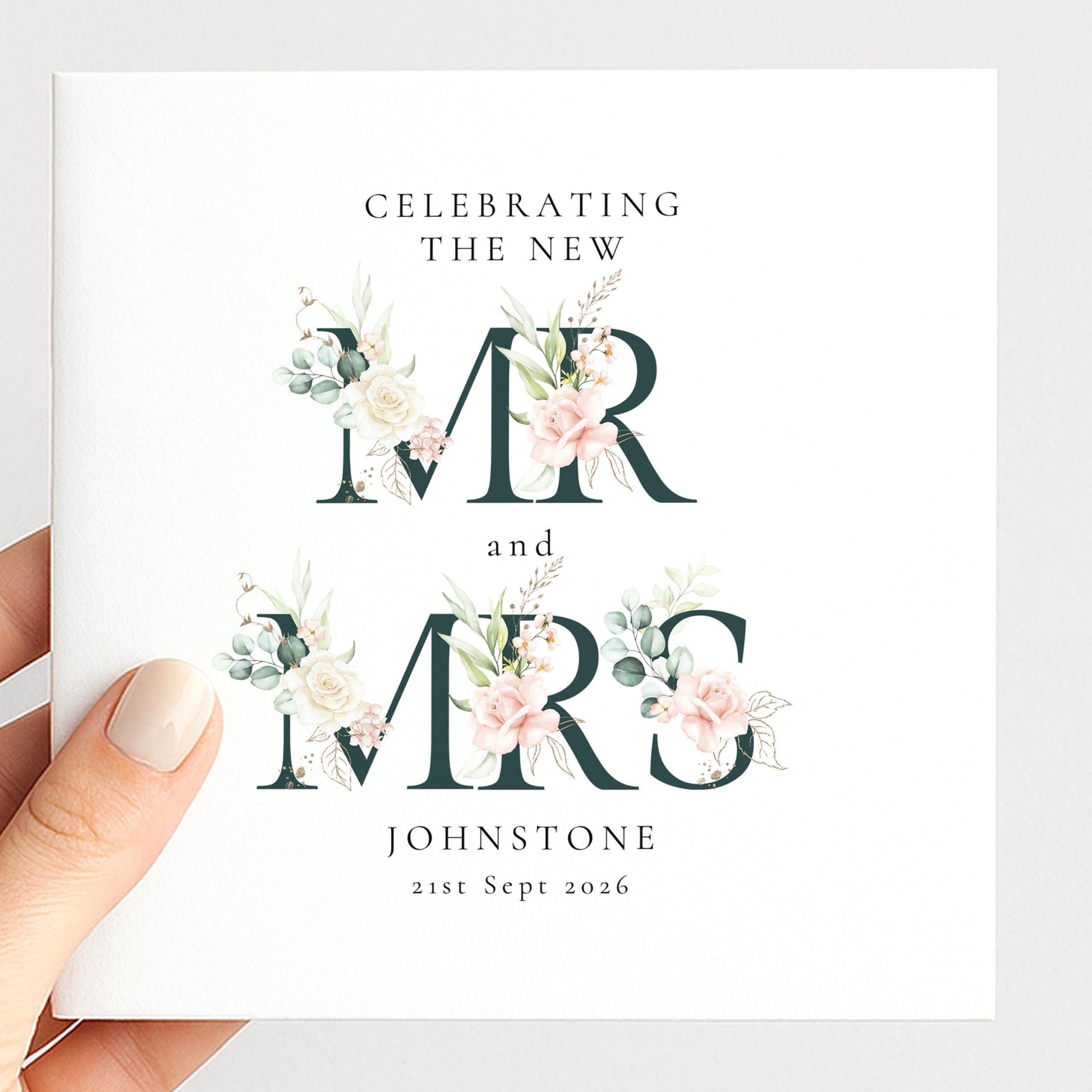 Mr and Mrs Wedding Card – Personalised Elegant Floral Keepsake With Matte Finish