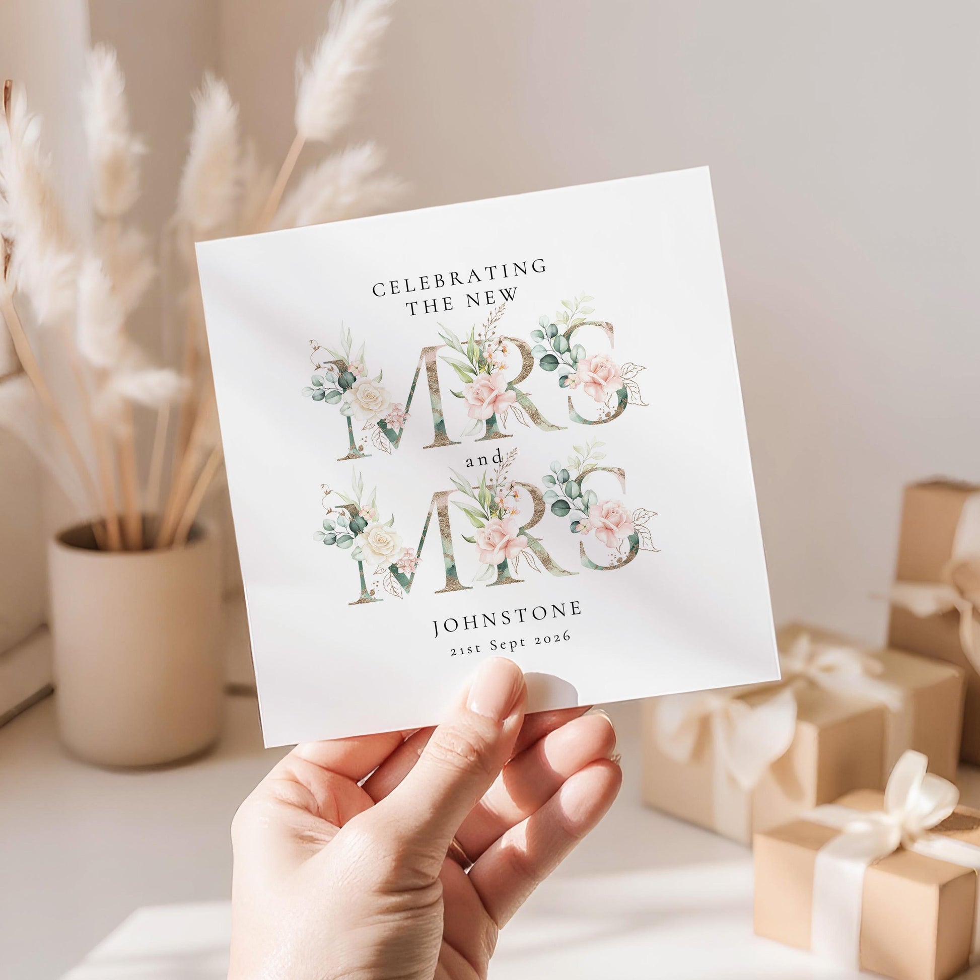 Mrs And Mrs Wedding Card - Personalised Floral Same Sex Marriage Card With Envelope