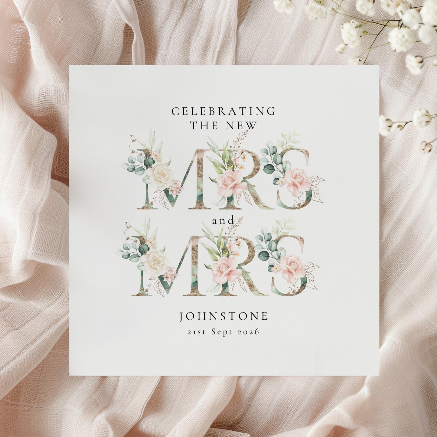 Mrs And Mrs Wedding Card - Personalised Floral Same Sex Marriage Card With Envelope