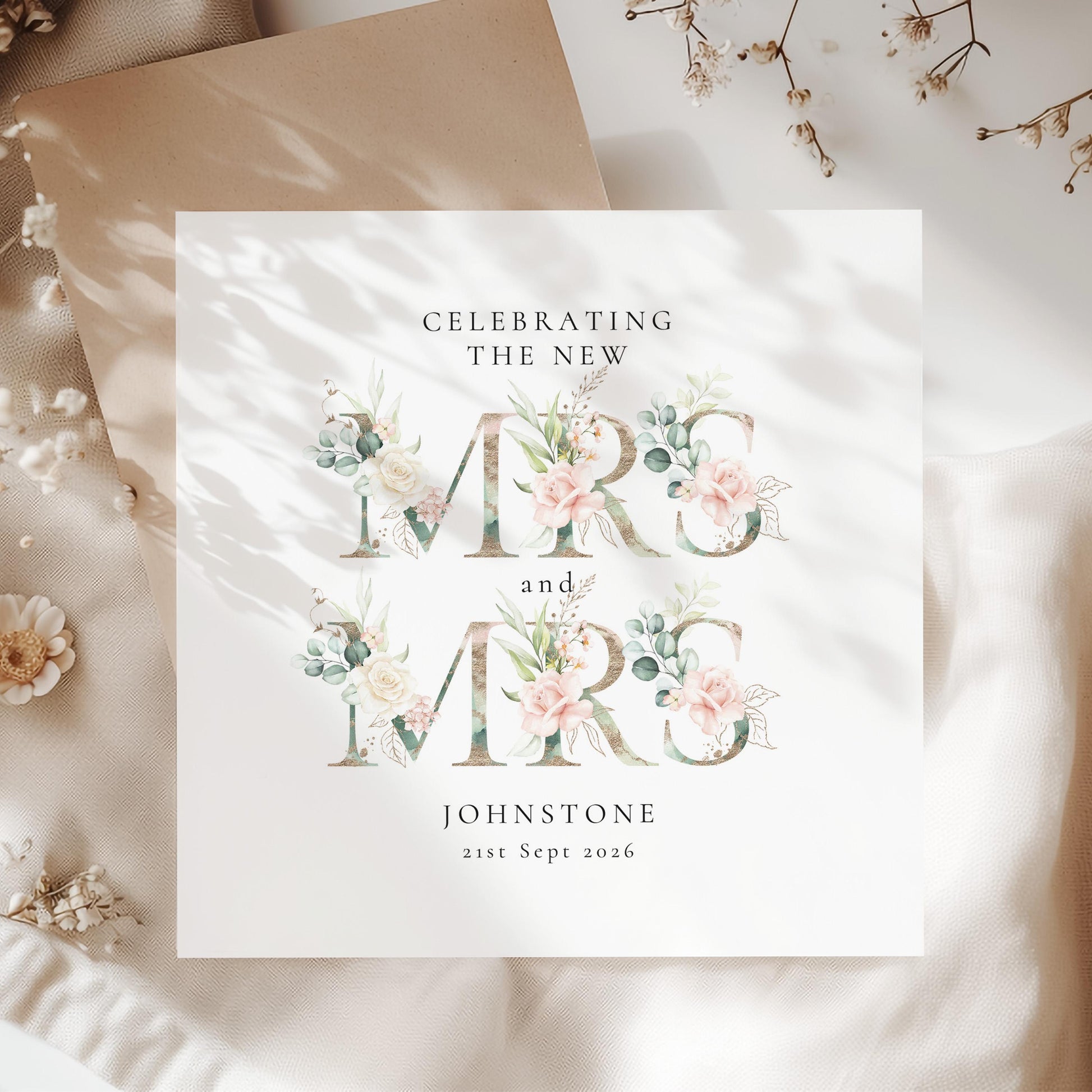 Mrs And Mrs Wedding Card - Personalised Floral Same Sex Marriage Card With Envelope