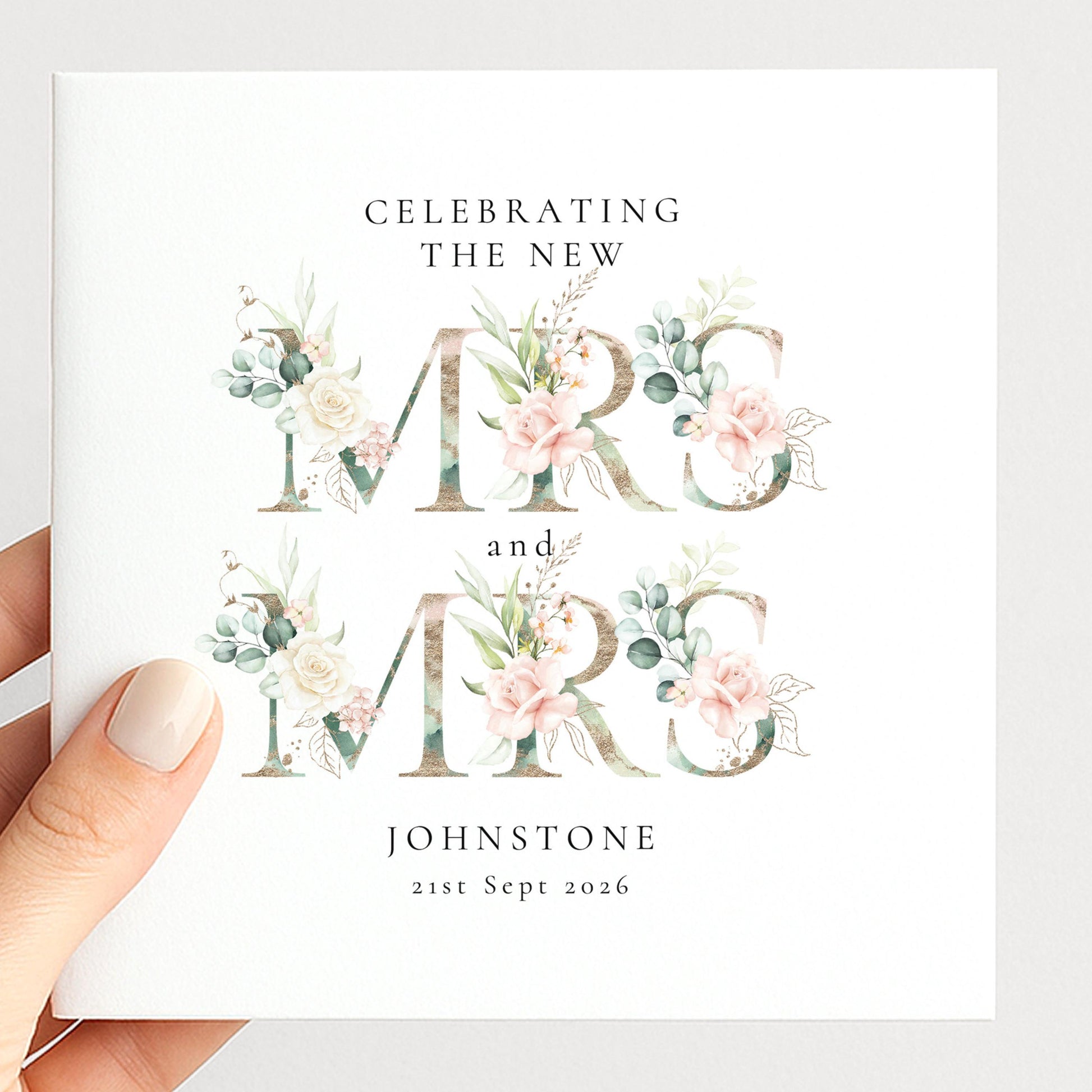 Mrs And Mrs Wedding Card - Personalised Floral Same Sex Marriage Card With Envelope