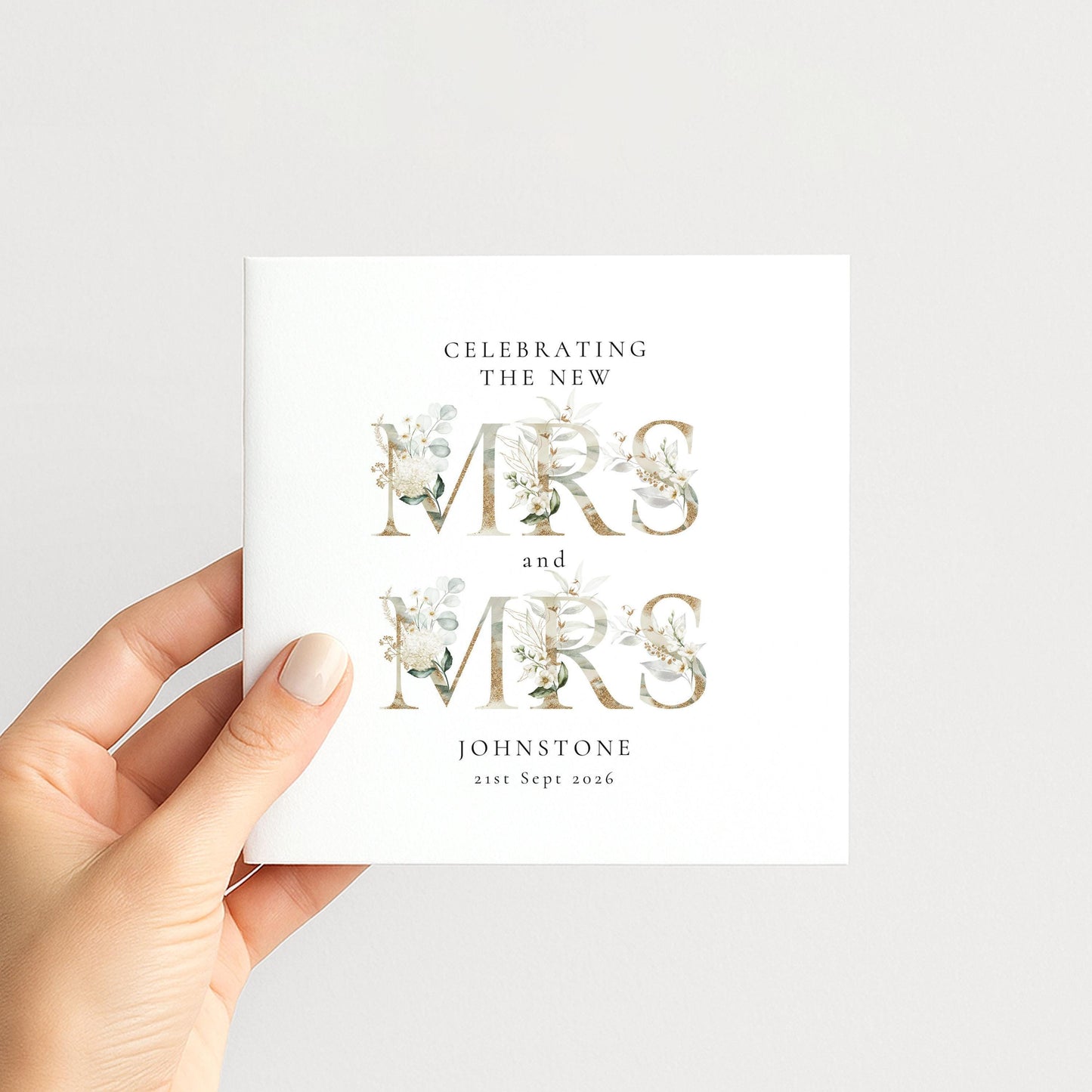 Mrs and Mrs Wedding Card – Personalised Name & Date Elegant Matte Card