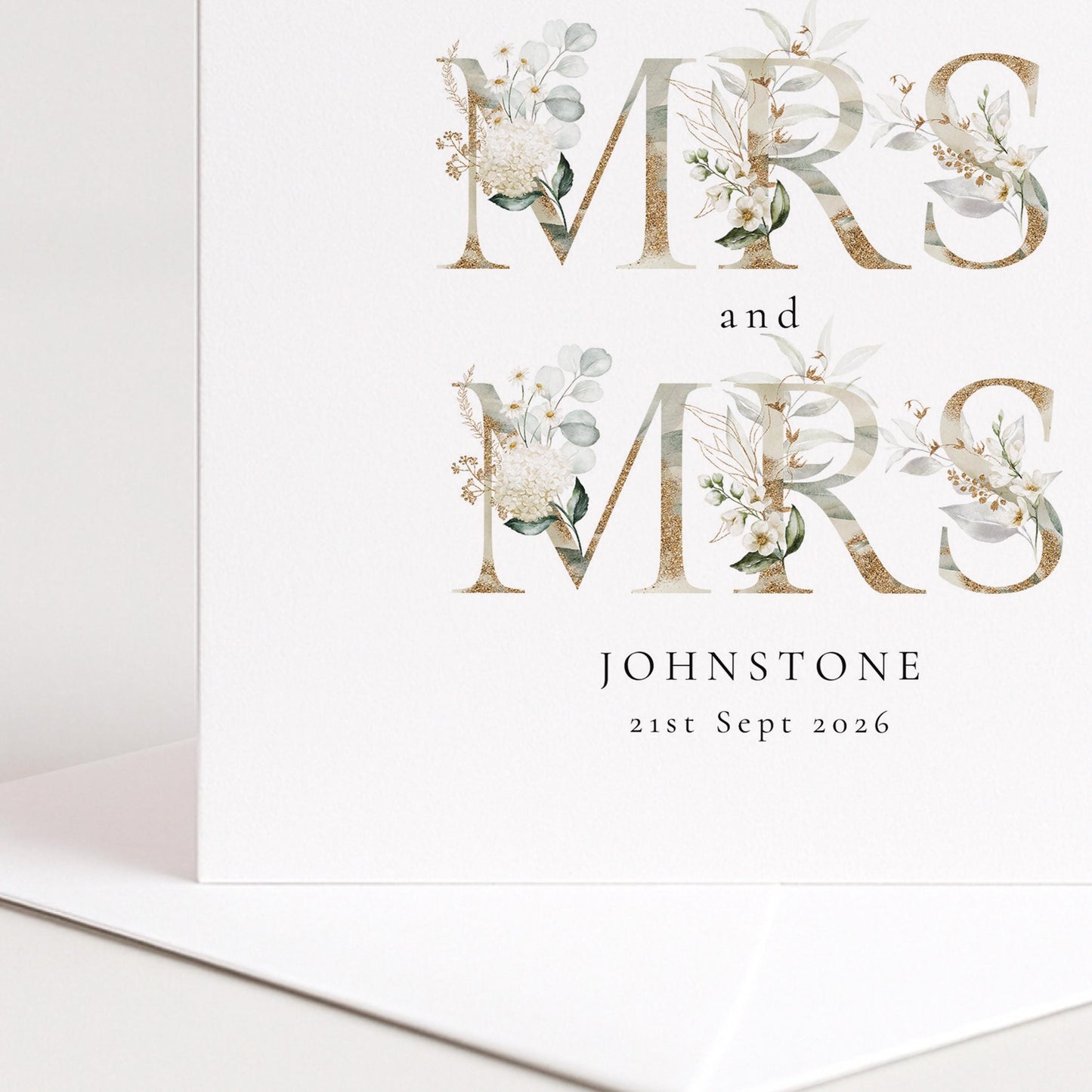 Mrs and Mrs Wedding Card – Personalised Name & Date Elegant Matte Card