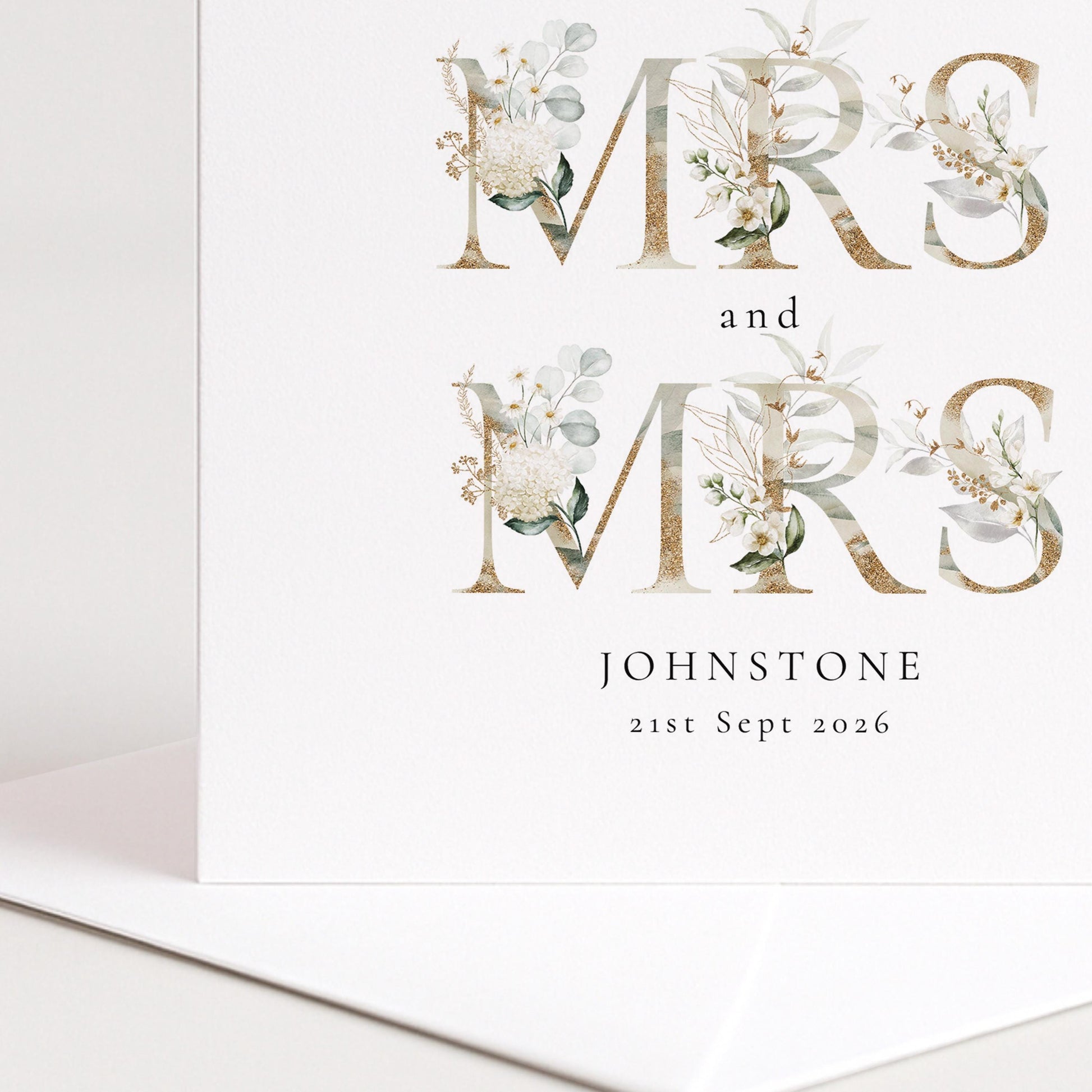 Mrs and Mrs Wedding Card – Personalised Name & Date Elegant Matte Card