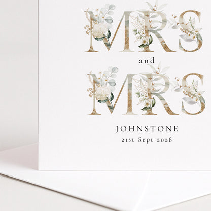 Mrs and Mrs Wedding Card – Personalised Name & Date Elegant Matte Card
