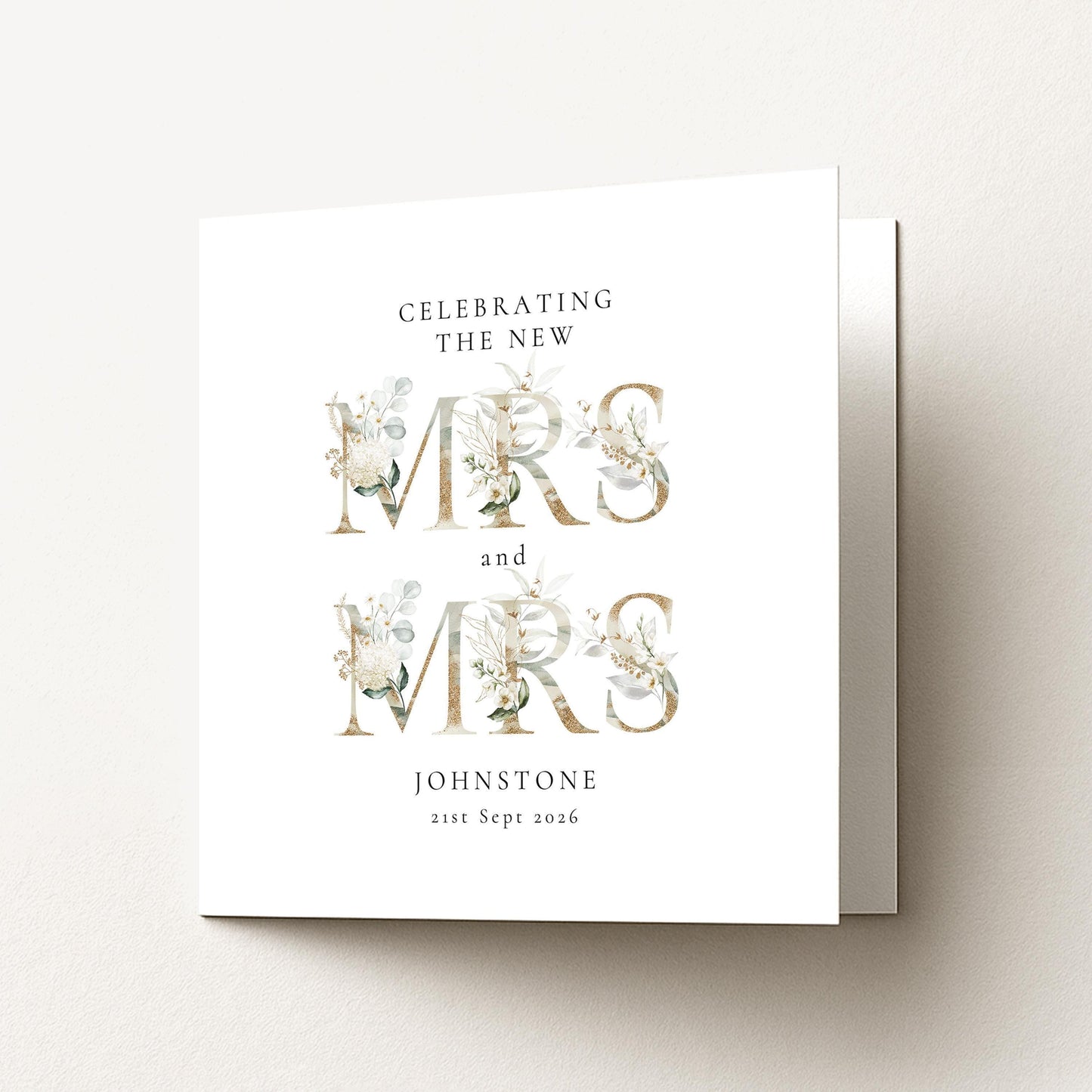 Mrs and Mrs Wedding Card – Personalised Name & Date Elegant Matte Card