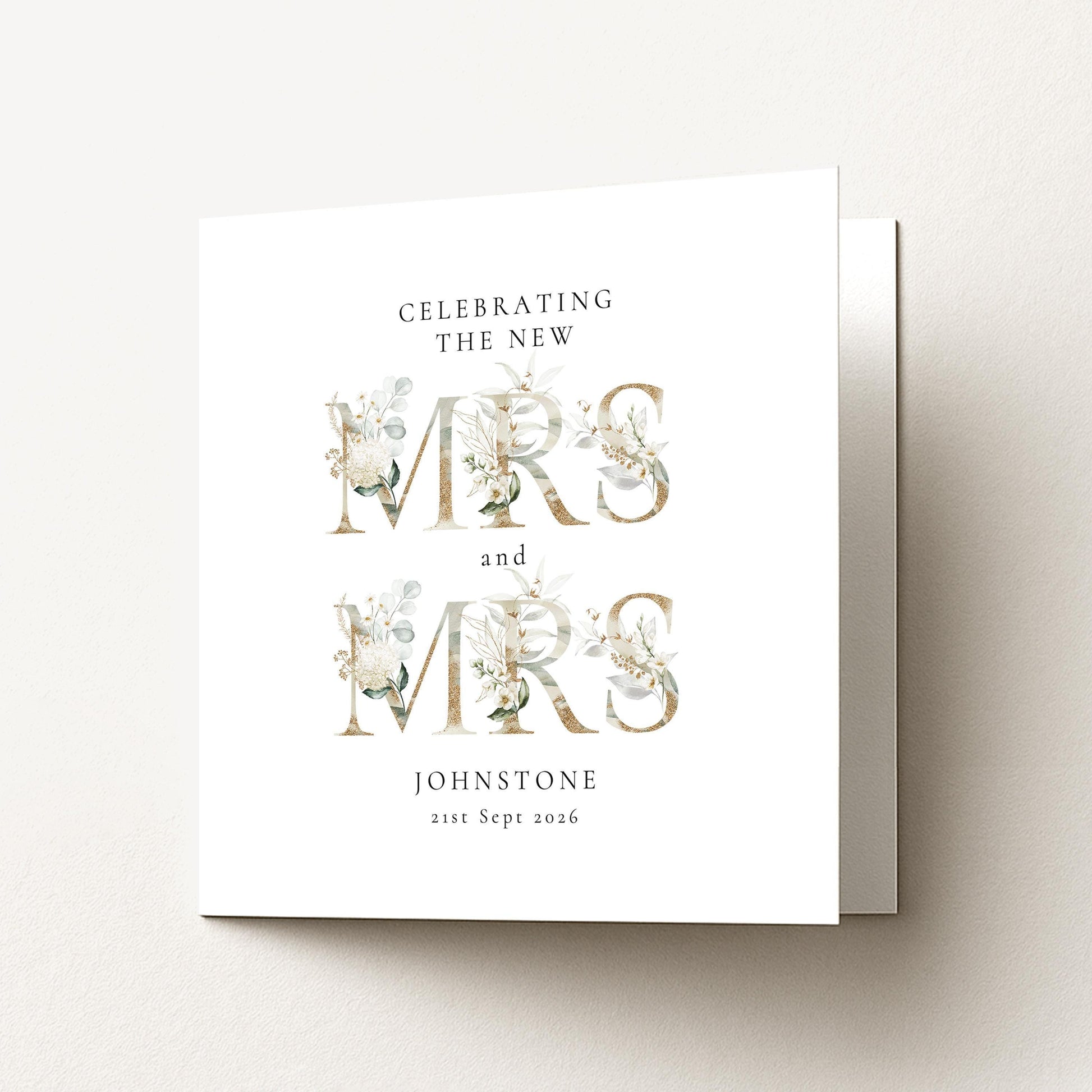 Mrs and Mrs Wedding Card – Personalised Name & Date Elegant Matte Card