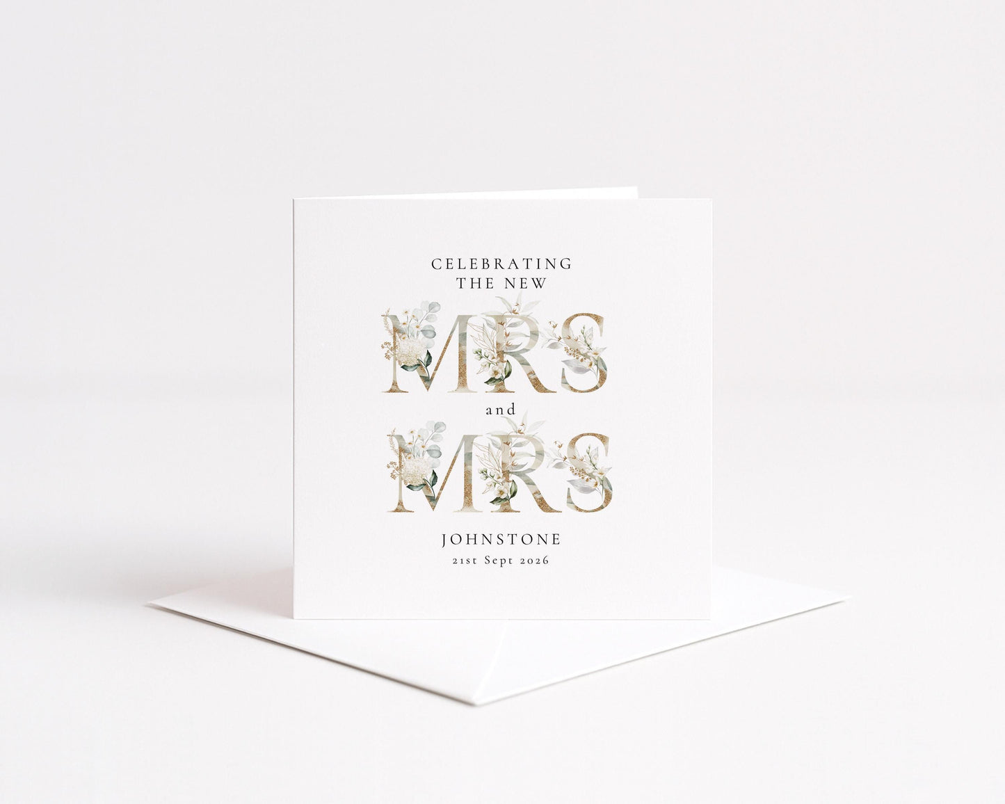 Mrs and Mrs Wedding Card – Personalised Name & Date Elegant Matte Card