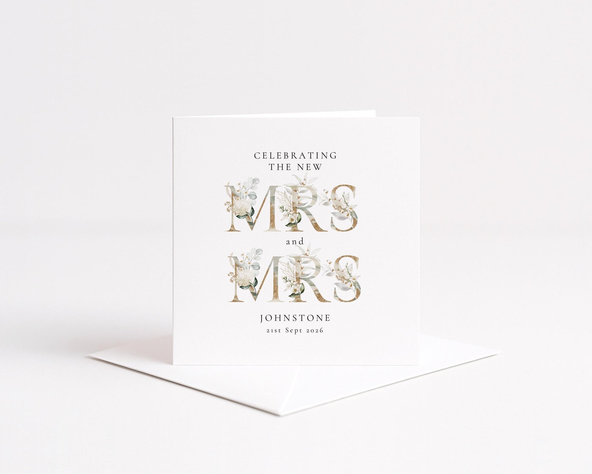 Mrs and Mrs Wedding Card – Personalised Name & Date Elegant Matte Card