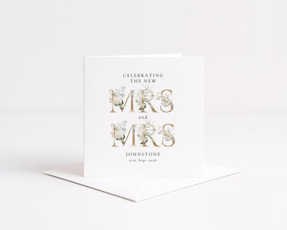 Mrs and Mrs Wedding Card – Personalised Name & Date Elegant Matte Card