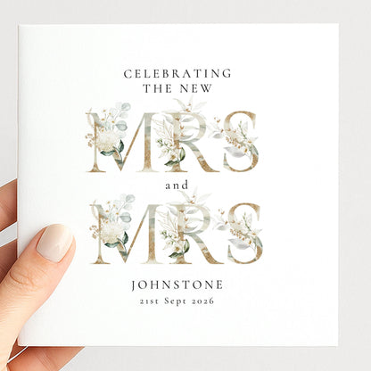 Mrs and Mrs Wedding Card – Personalised Name & Date Elegant Matte Card