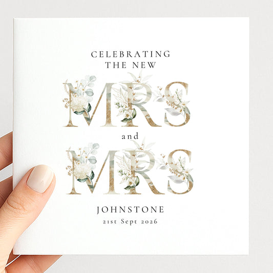 Mrs and Mrs Wedding Card – Personalised Name & Date Elegant Matte Card