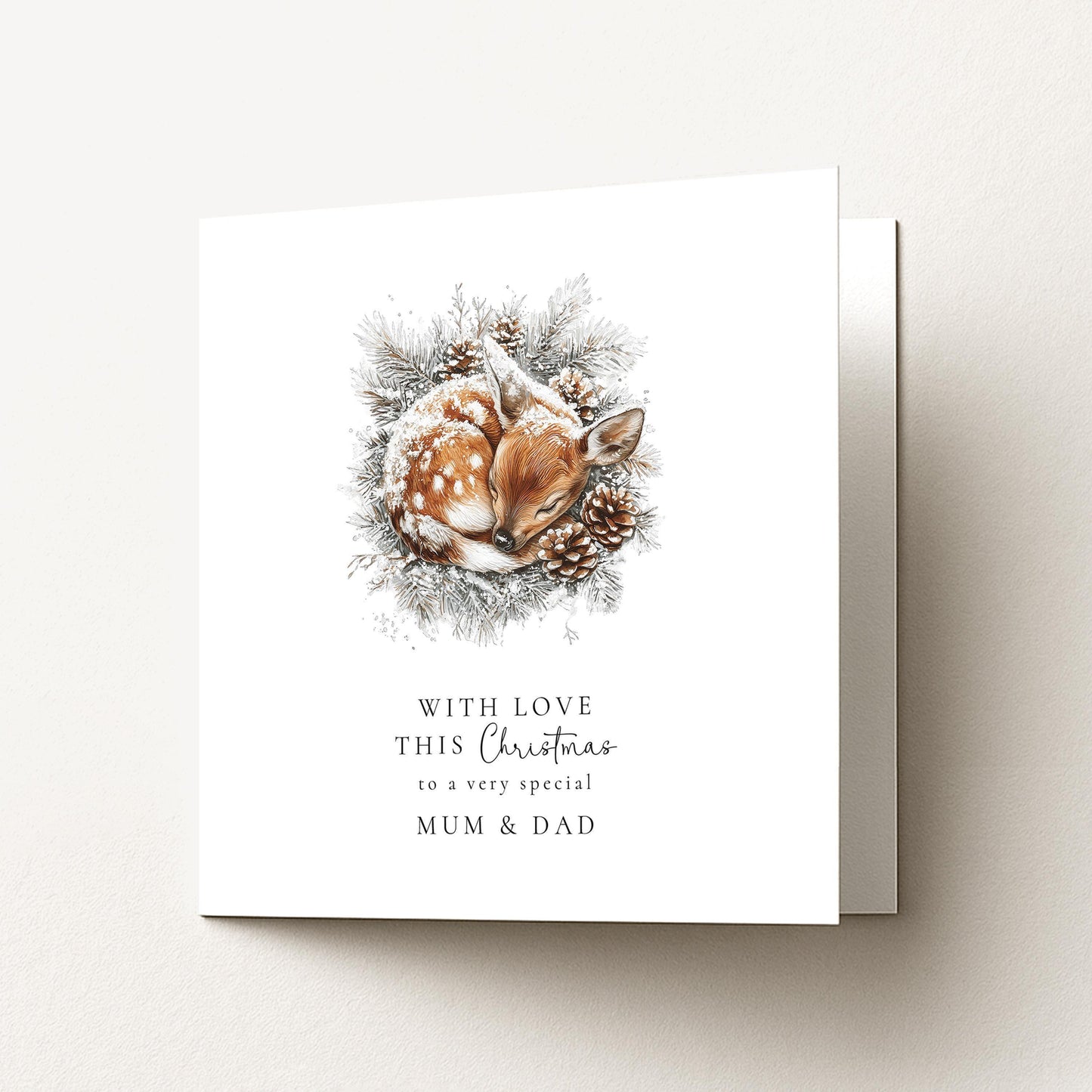 Mum Dad Christmas Card – Personalised Cosy Winter Deer Holiday Greeting