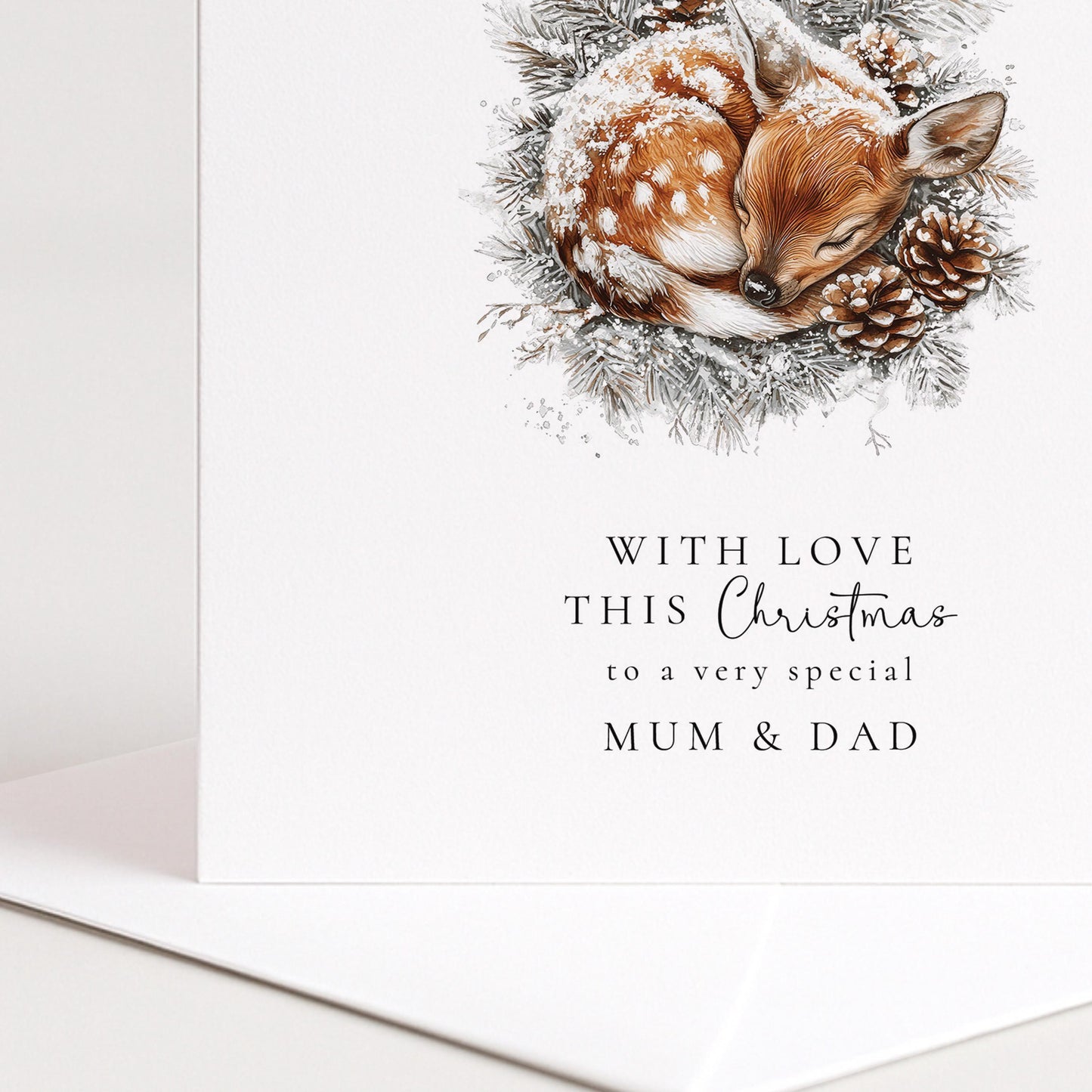 Mum Dad Christmas Card – Personalised Cosy Winter Deer Holiday Greeting