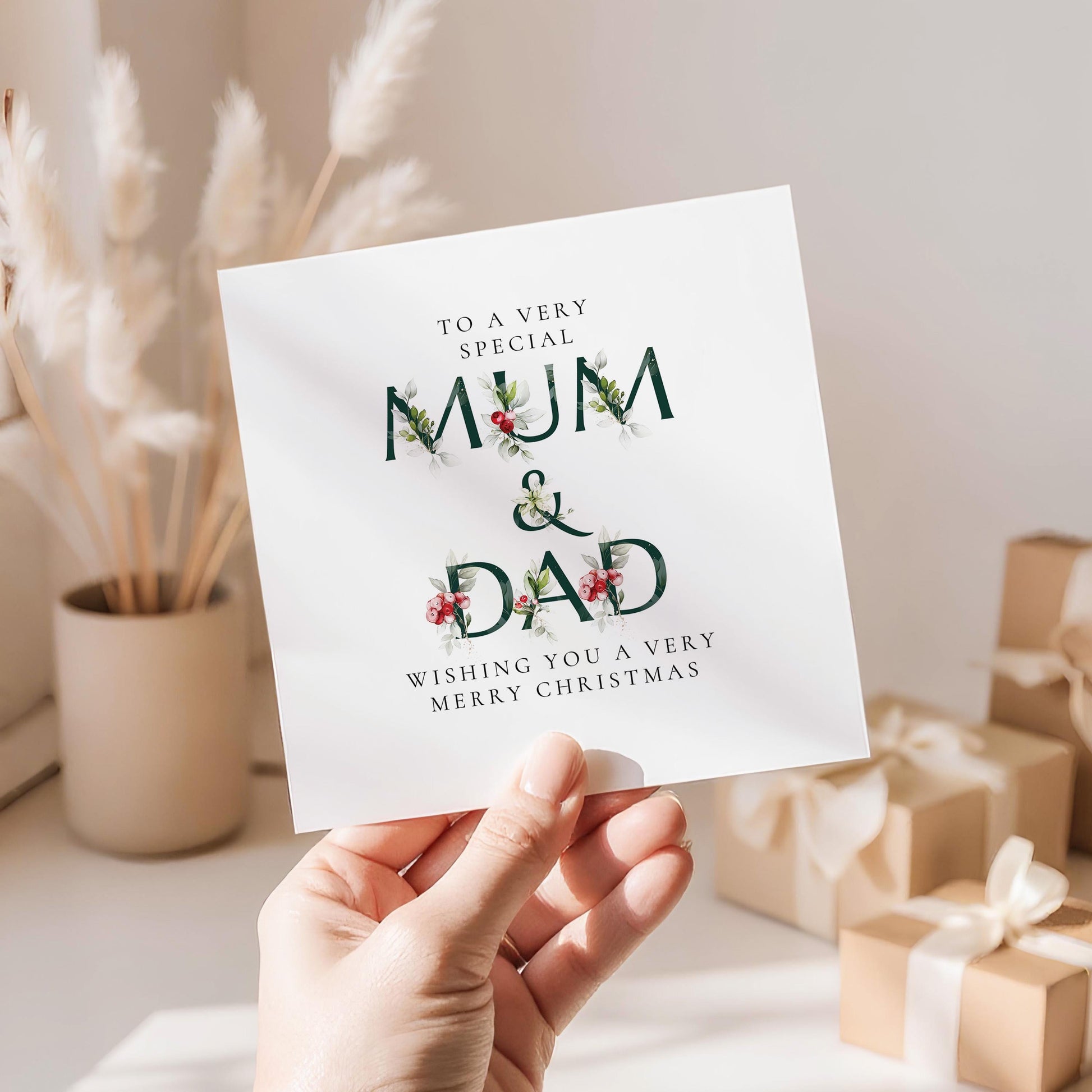 Mum and Dad Christmas Card – Elegant Floral Holiday Greeting With Soft Matte Finish
