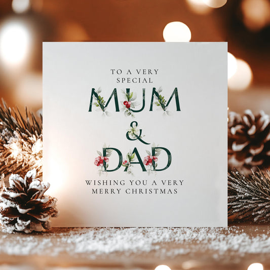 Mum and Dad Christmas Card – Elegant Floral Holiday Greeting With Soft Matte Finish