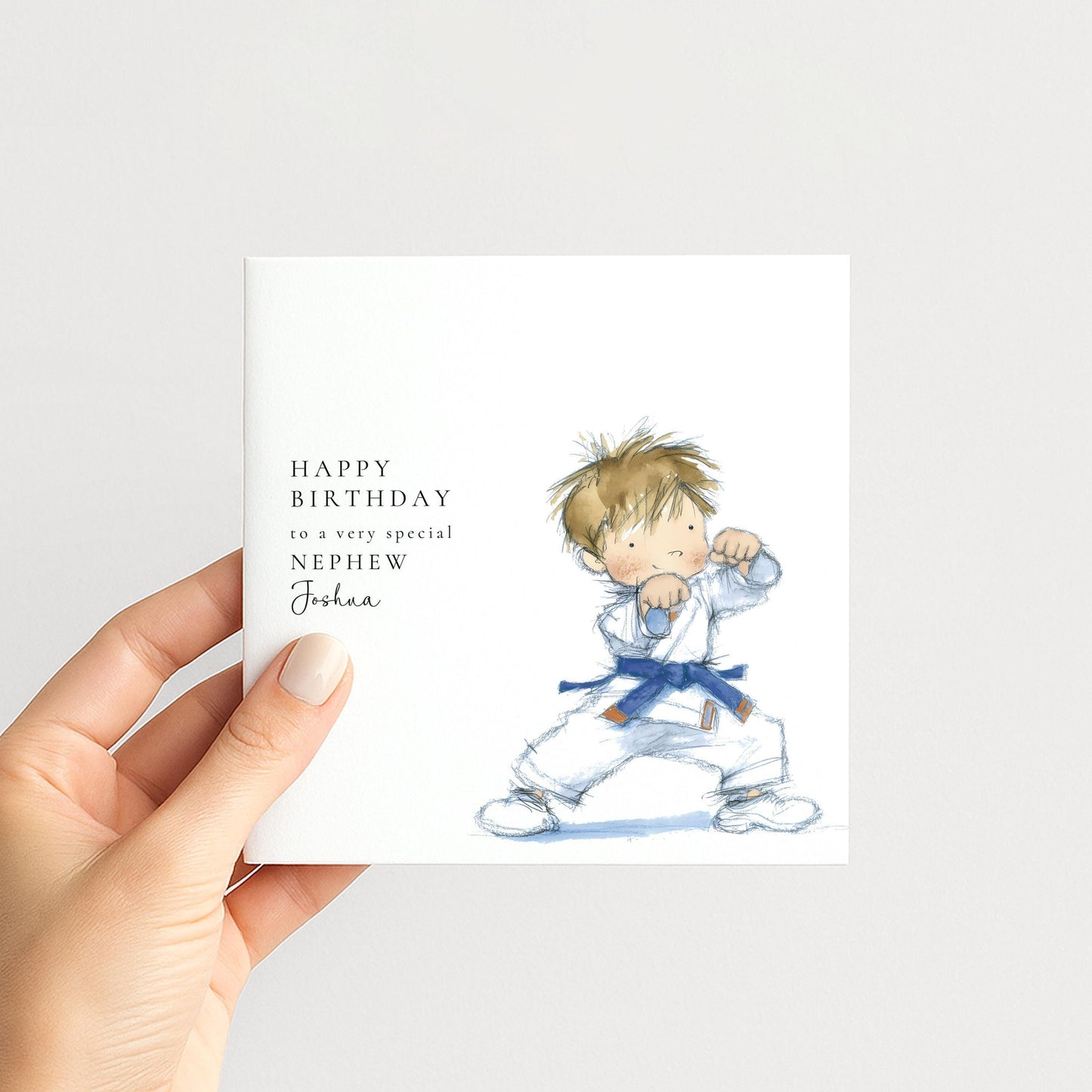 Nephew Birthday Card – Personalised Karate Boy Illustration | Soft Watercolour