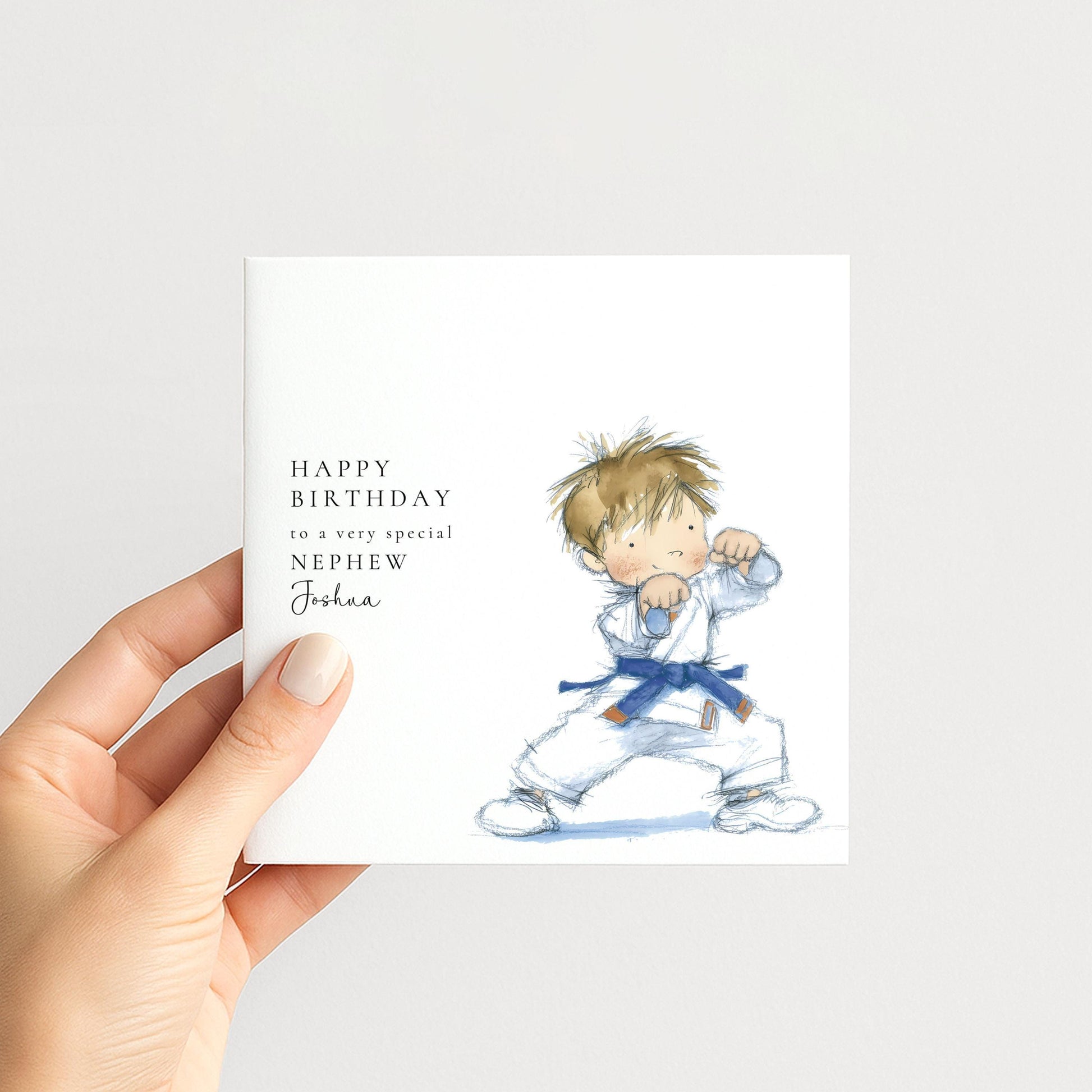 Nephew Birthday Card – Personalised Karate Boy Illustration | Soft Watercolour