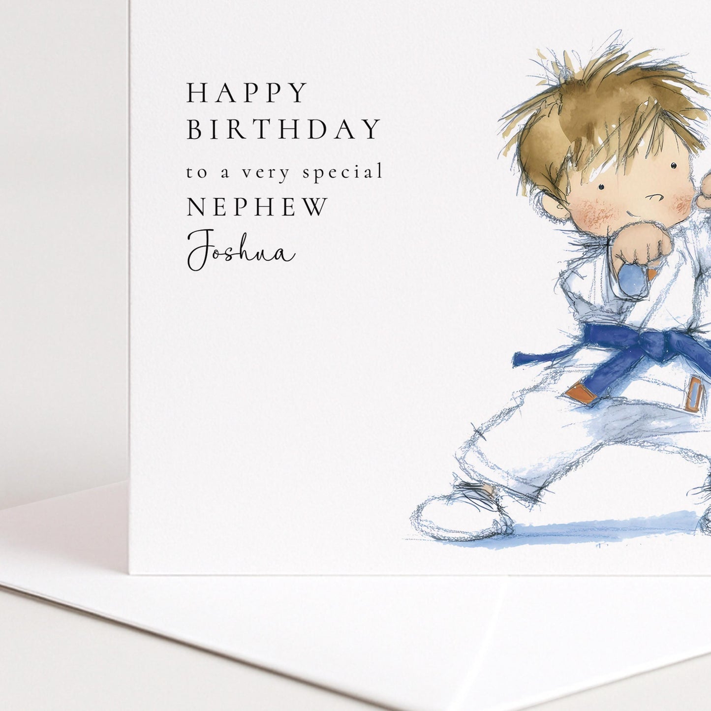 Nephew Birthday Card – Personalised Karate Boy Illustration | Soft Watercolour