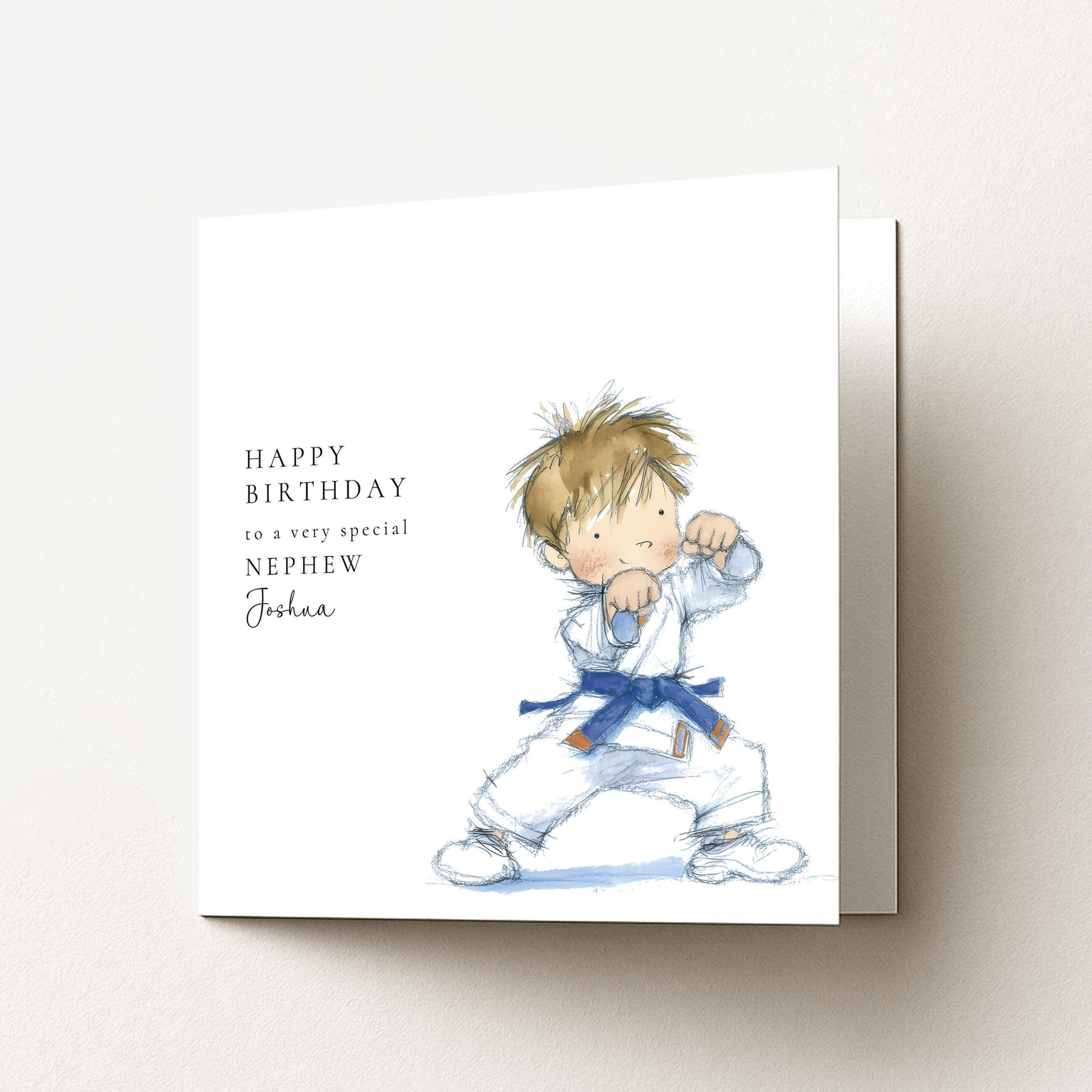 Nephew Birthday Card – Personalised Karate Boy Illustration | Soft Watercolour