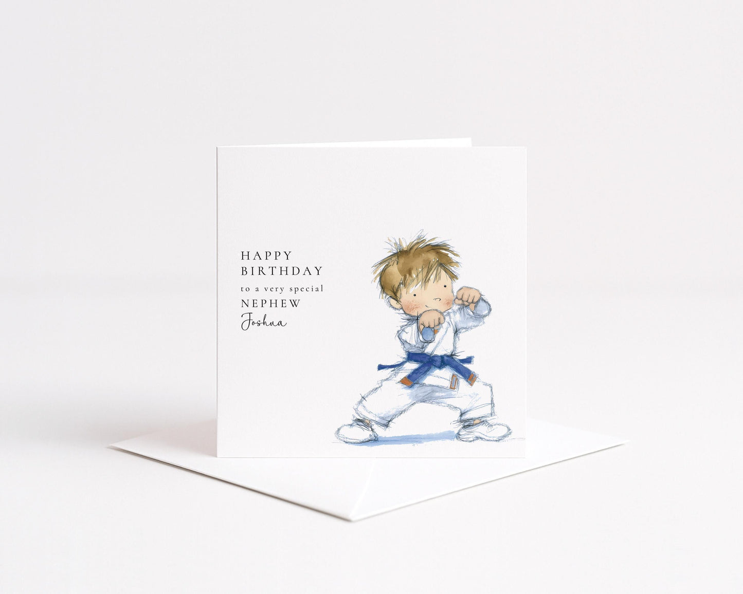 Nephew Birthday Card – Personalised Karate Boy Illustration | Soft Watercolour