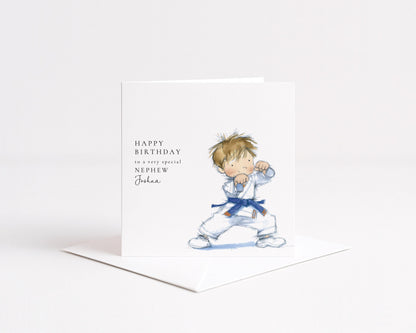 Nephew Birthday Card – Personalised Karate Boy Illustration | Soft Watercolour