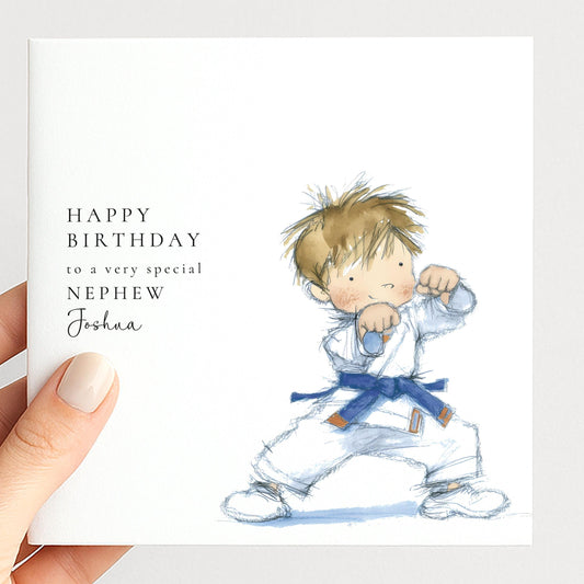 Nephew Birthday Card – Personalised Karate Boy Illustration | Soft Watercolour