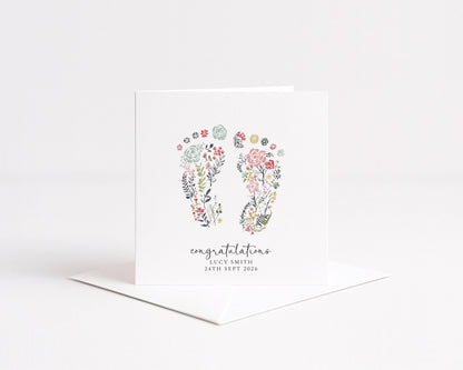 New Baby Card – Personalised Baby Shower Card With Delicate Footprints