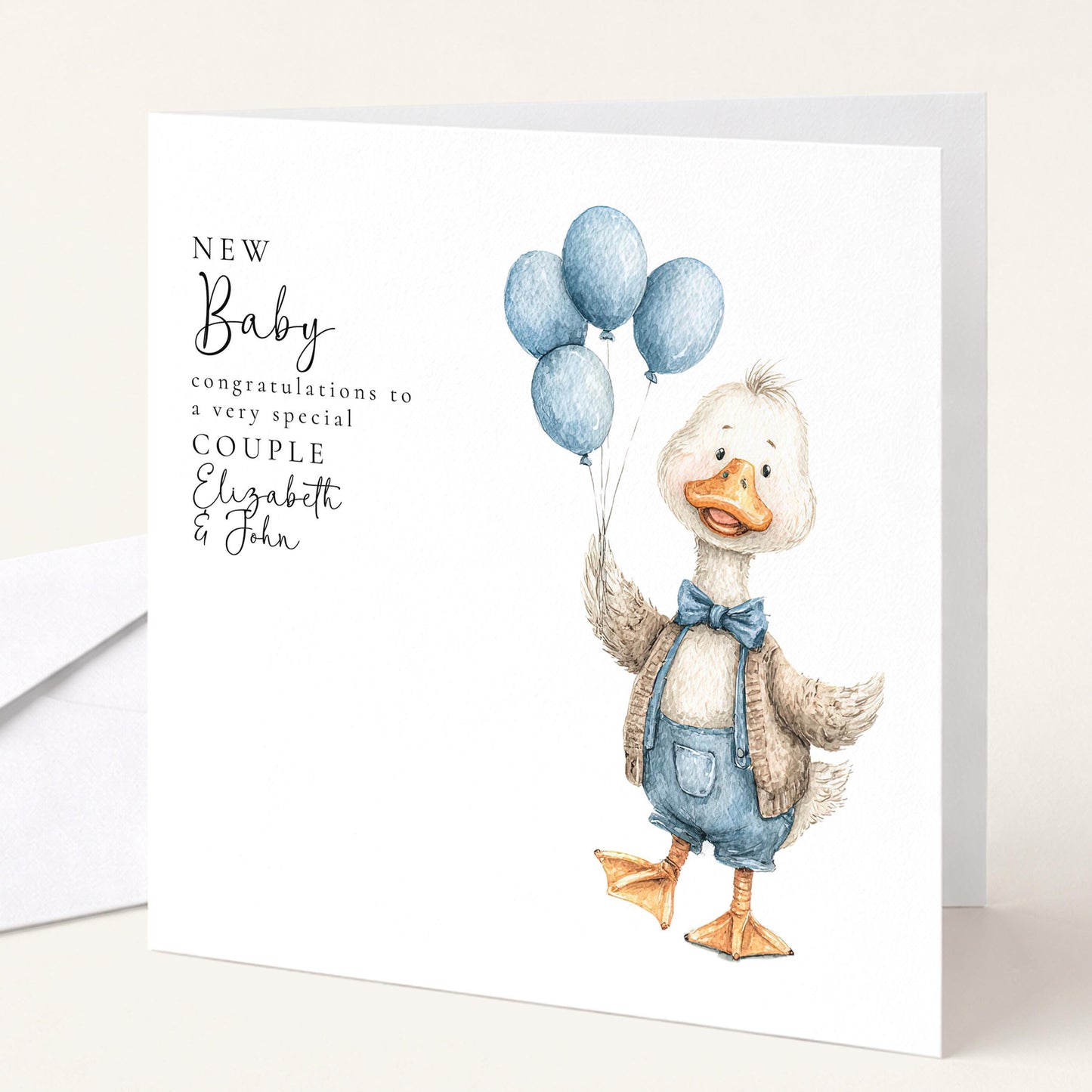 New Baby Card – Personalised Blue Balloon Card With Goose Illustration