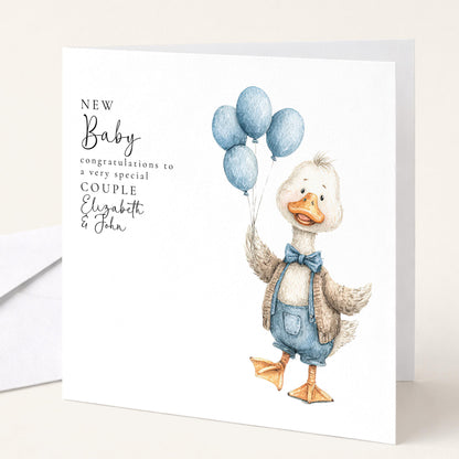 New Baby Card – Personalised Blue Balloon Card With Goose Illustration