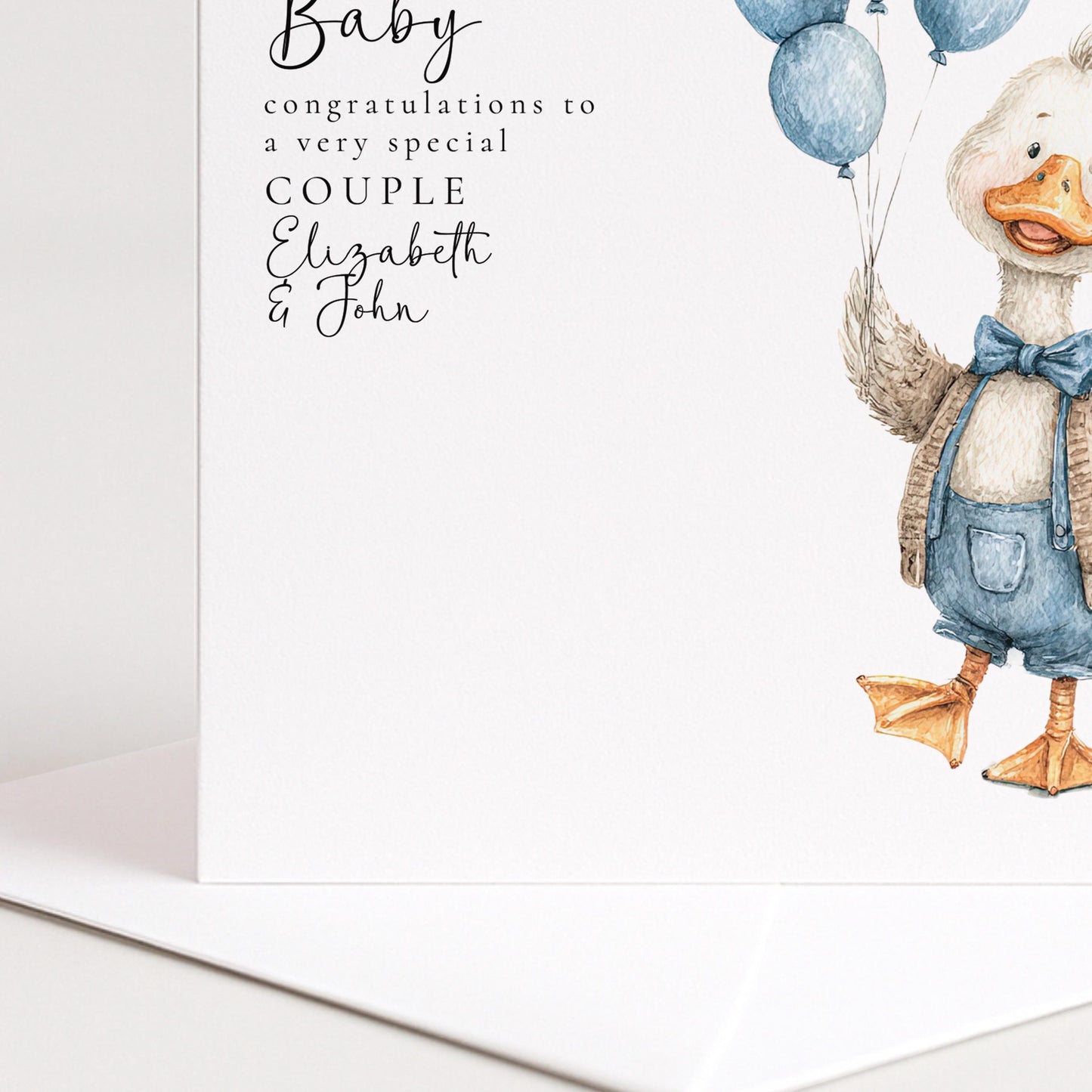 New Baby Card – Personalised Blue Balloon Card With Goose Illustration