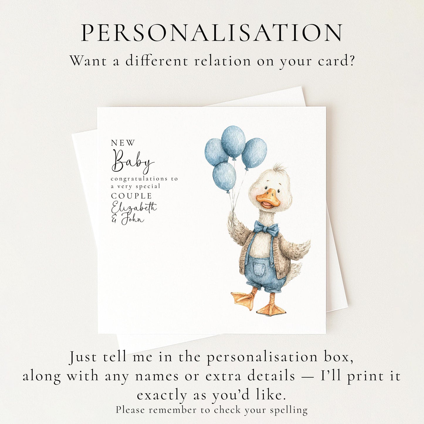 New Baby Card – Personalised Blue Balloon Card With Goose Illustration