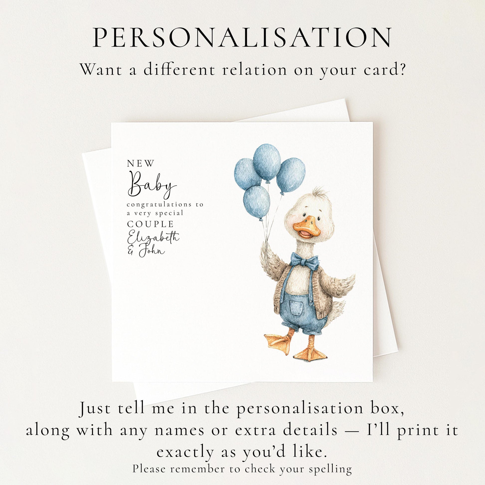 New Baby Card – Personalised Blue Balloon Card With Goose Illustration