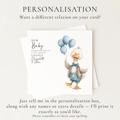 New Baby Card – Personalised Blue Balloon Card With Goose Illustration