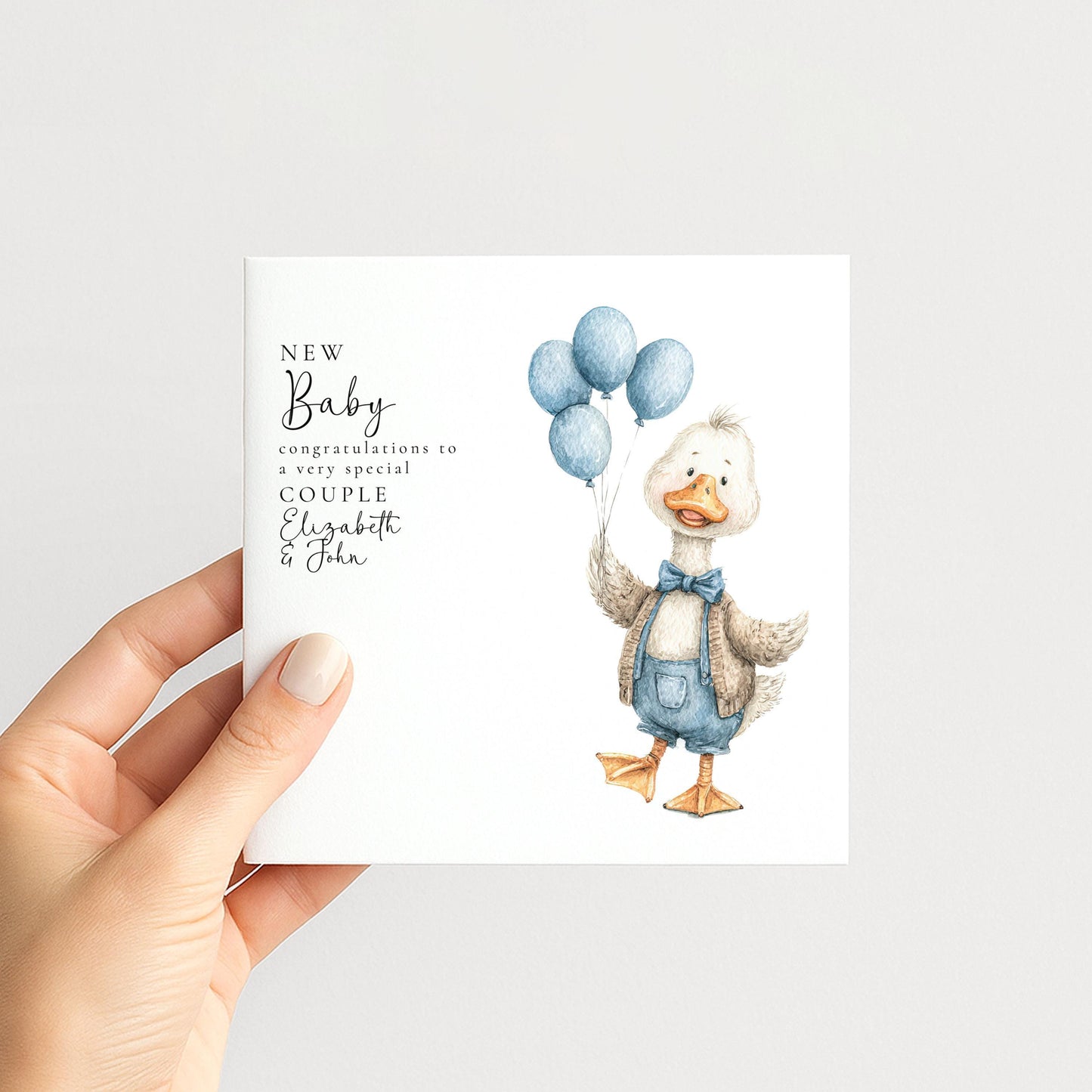 New Baby Card – Personalised Blue Balloon Card With Goose Illustration