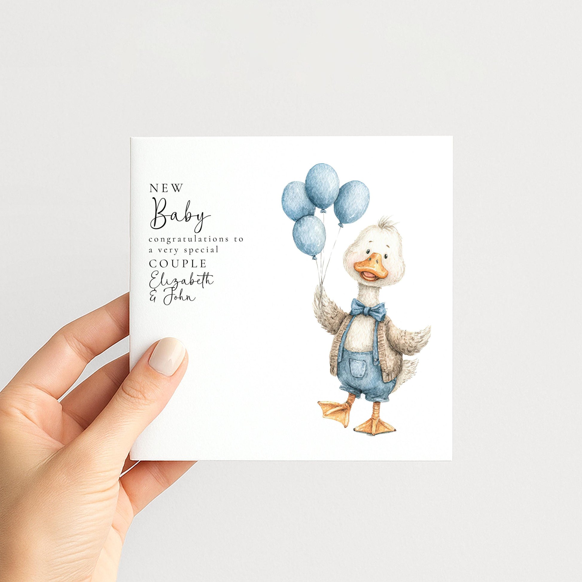 New Baby Card – Personalised Blue Balloon Card With Goose Illustration