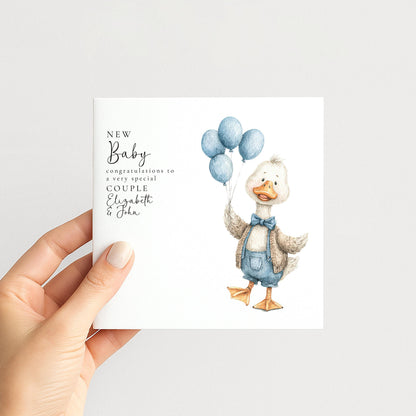 New Baby Card – Personalised Blue Balloon Card With Goose Illustration